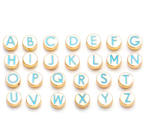 Light Blue Metal Round Individual Letters Beads (8x3.5mm)