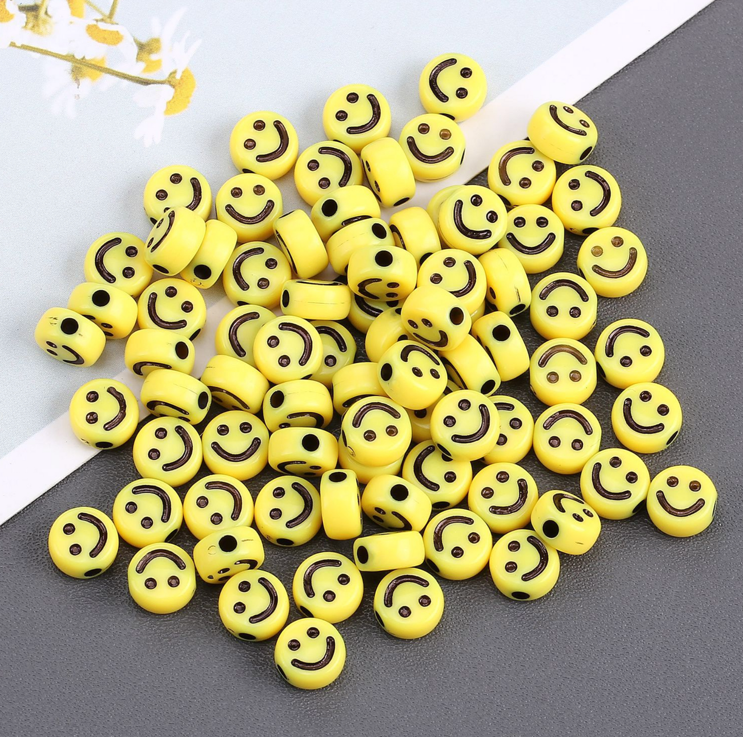 7MM Yellow Flat Round Acrylic with Black Happy Face Beads