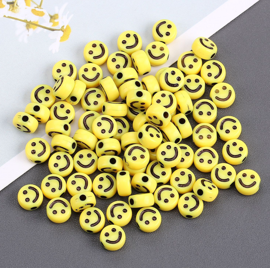 Yellow Flat Round Acrylic with Black Smiley Face Beads (4mm x 7mm)