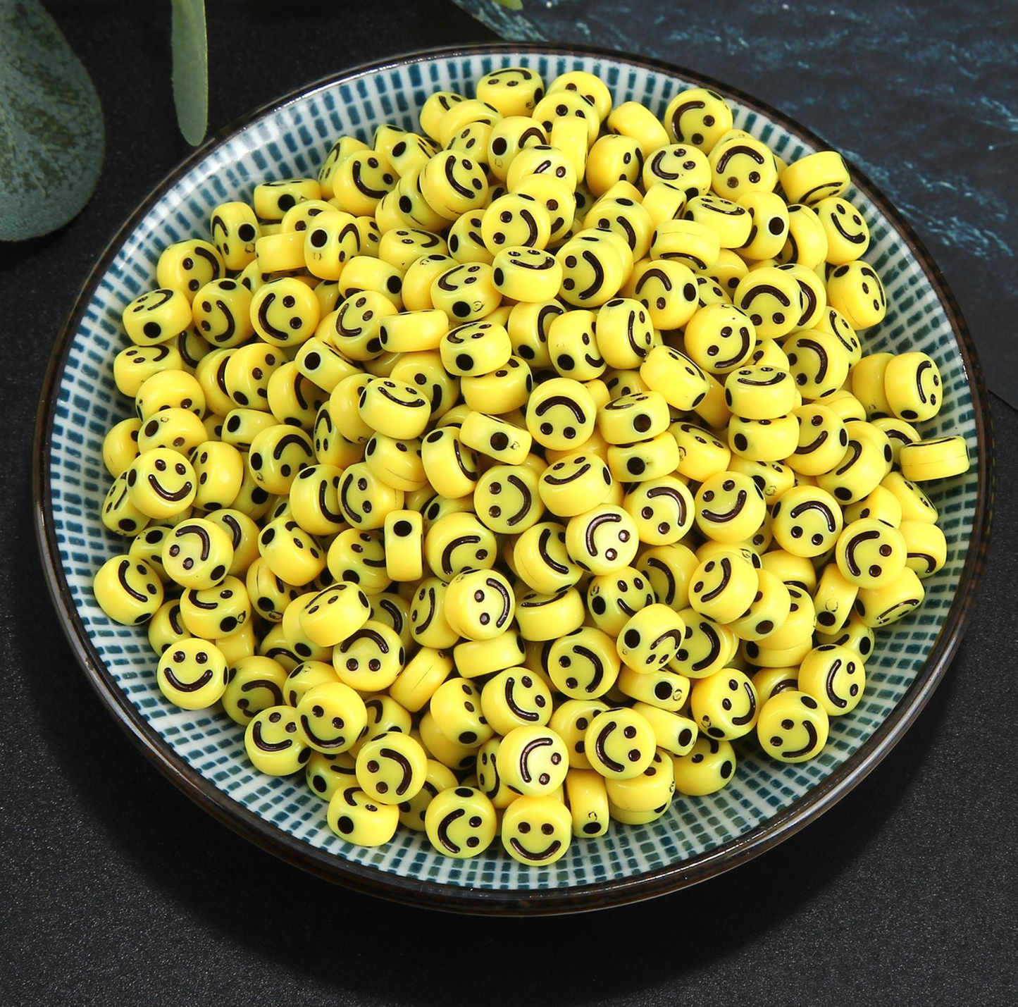 7MM Yellow Flat Round Acrylic with Black Happy Face Beads