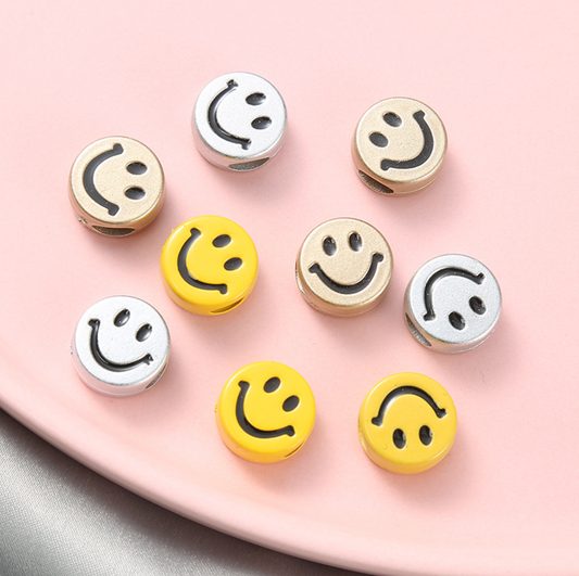 Chunky 12MM Silver, Gold, Yellow Acrylic Round Smiley Face Bead (SINGLE SIDED)