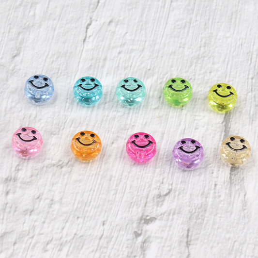 10MM Transparent Clear Rainbow Colored Flat Round Smiley Face Beads