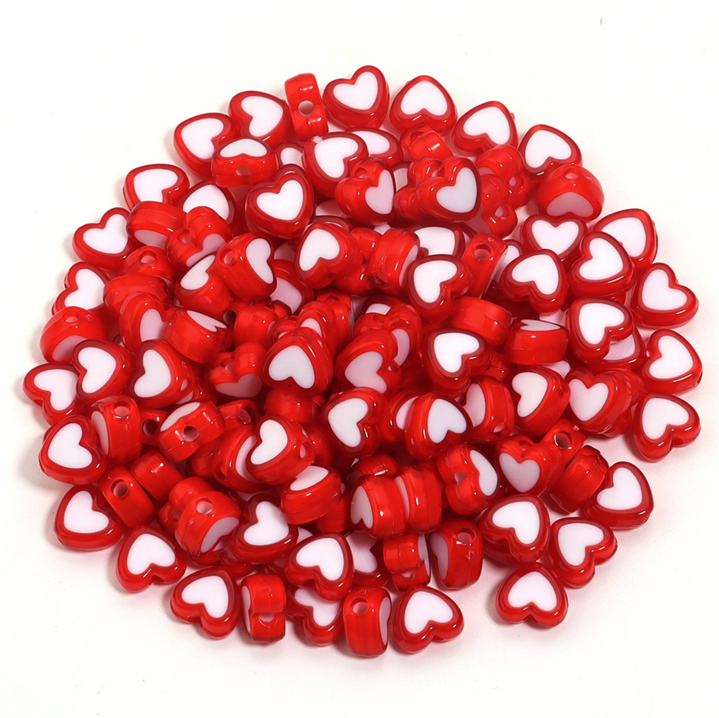 8MM Red Acrylic Heart with White Middle Spacer Beads with Vertical Hole