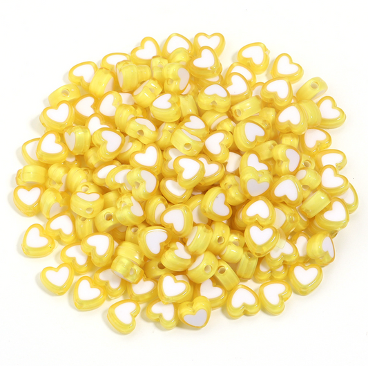 8MM Yellow Acrylic Heart with White Middle Spacer Beads with Vertical Hole