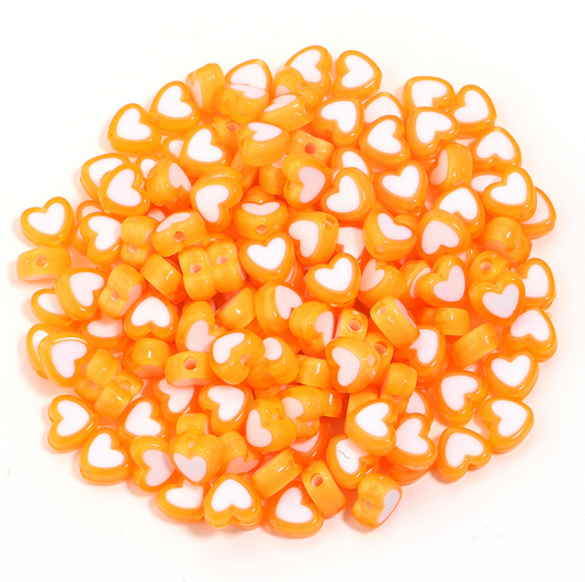 8MM Orange Acrylic Heart w/White Middle Spacer Beads with Vertical Hole