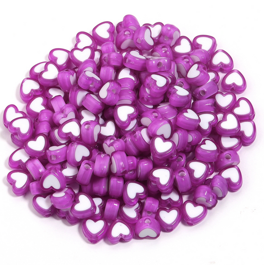 8MM Purple Acrylic Heart w/White Middle Spacer Beads with Vertical Hole