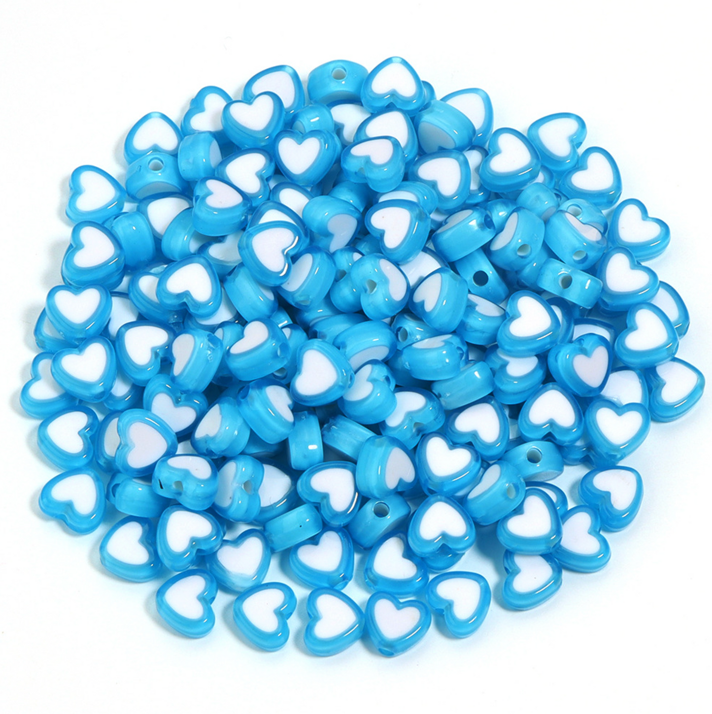 8MM Light Blue Acrylic Heart w/White Middle Spacer Beads with Vertical Hole