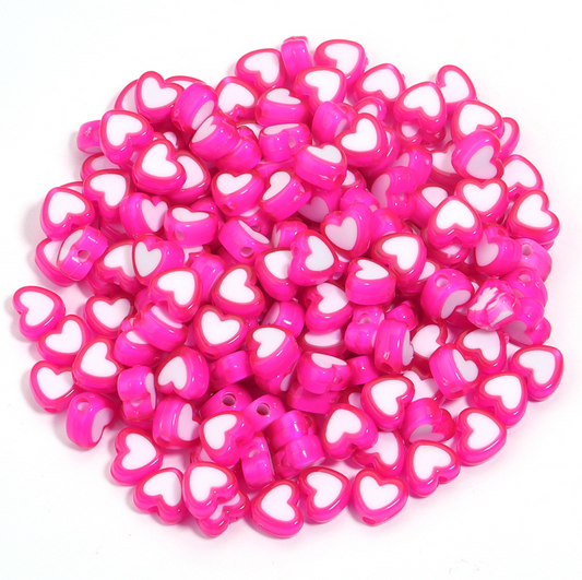 8MM Fuschia Acrylic Heart with White Middle Spacer Beads with Vertical Hole