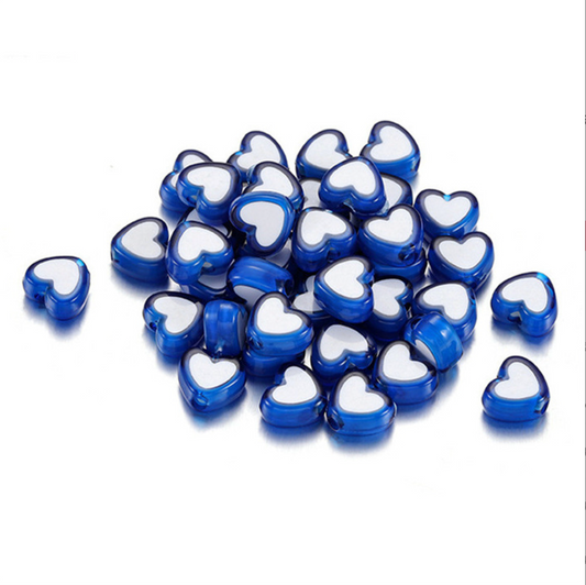 8MM Dark Blue Acrylic Heart w/White Middle Spacer Beads with Vertical Hole