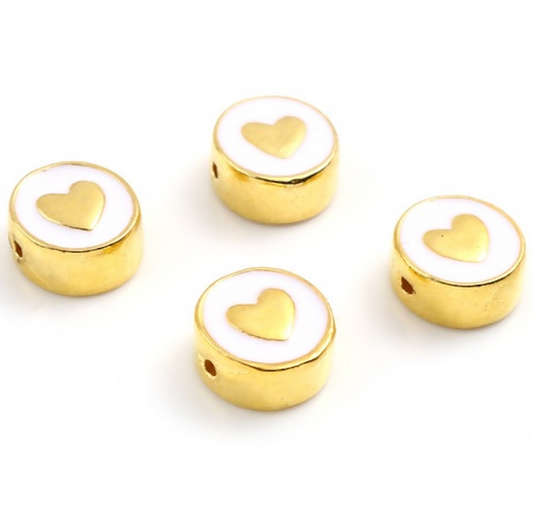 10MM Gold Heart Enamel Filled Flat Round Charm