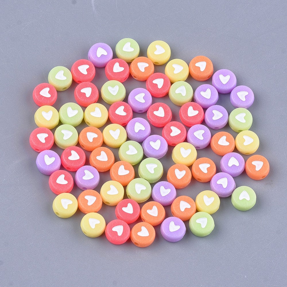 7MM Mixed Color Acrylic Flat Round Beads with White Hearts