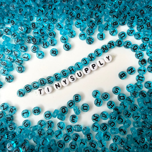 Translucent BLUE, Black Letter A-Z Alphabet Individual Beads (7MM)