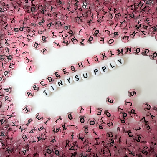 Translucent LIGHT PINK, Black Letter A-Z Alphabet Individual Beads (7MM)