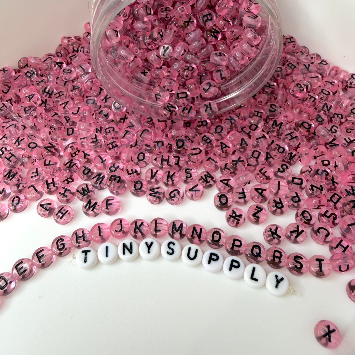 Translucent LIGHT PINK, Black Letter A-Z Alphabet Individual Beads (7MM)