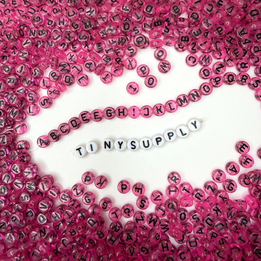 Translucent ROSE PINK, Black Letter A-Z Alphabet Individual Beads (7MM)
