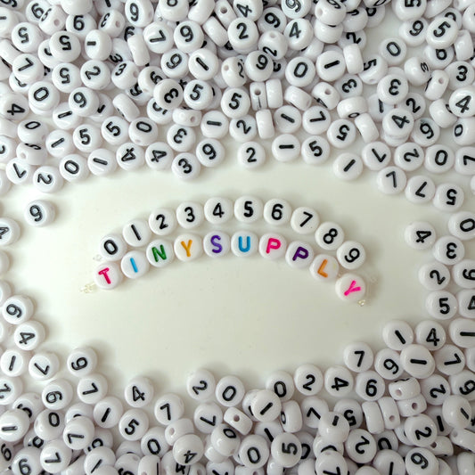 7MM 0-9 Individual Number Beads, Round White beads with Black Numbers