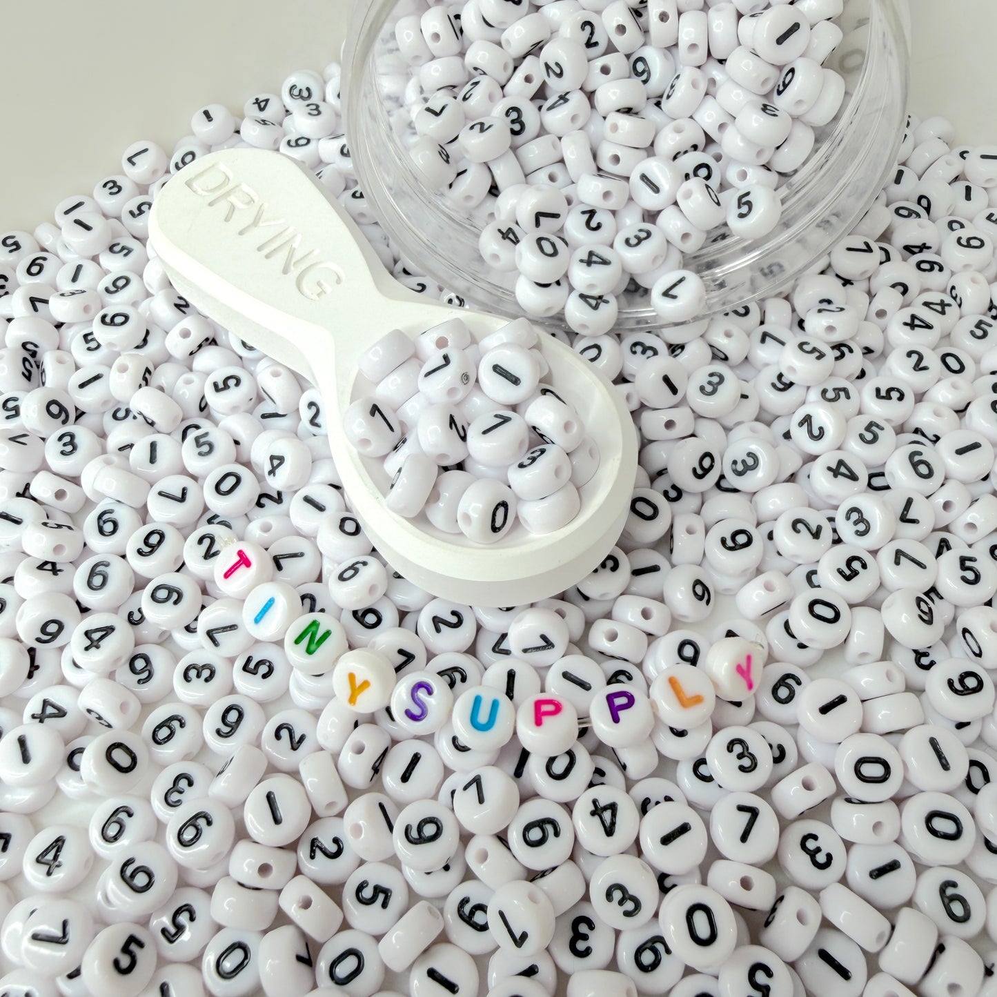 7MM 0-9 Individual Number Beads, Round White beads with Black Numbers