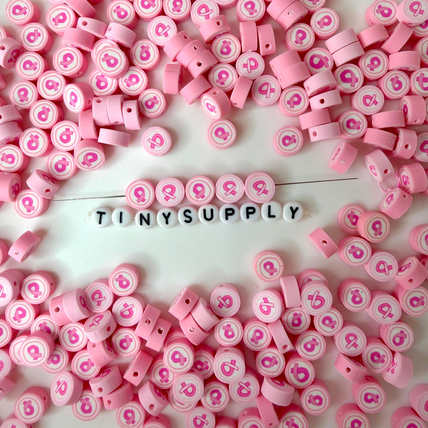 10MM Pink Cancer Ribbon Themed Polymer Clay Beads