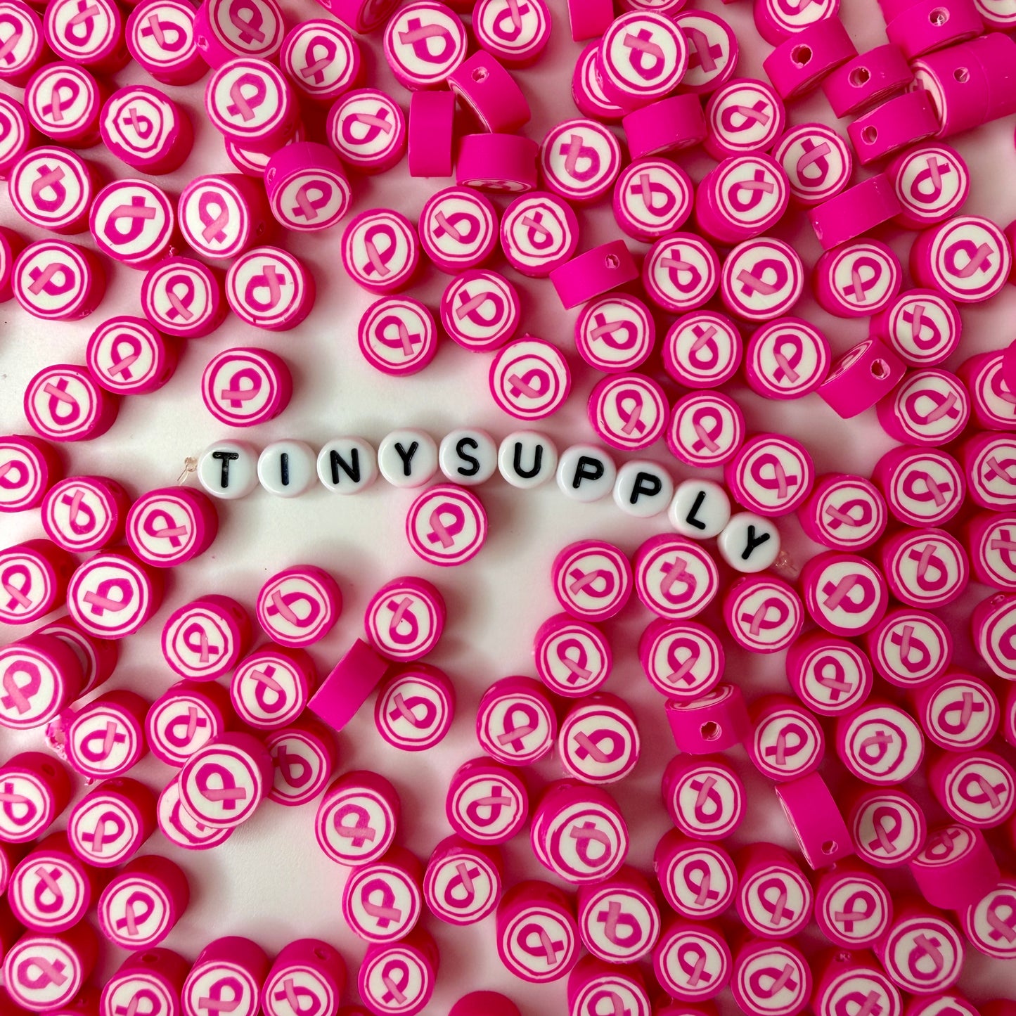 10MM Pink Cancer Ribbon Themed Polymer Clay Beads
