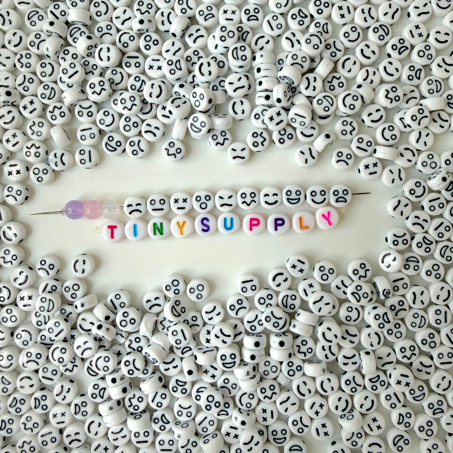 7MM White Flat Round Acrylic with Black Facial Expressions Beads