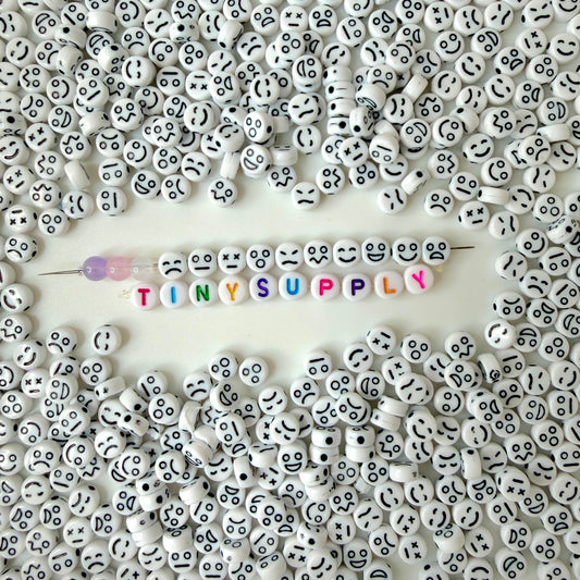 7MM White Flat Round Acrylic with Black Facial Expressions Beads