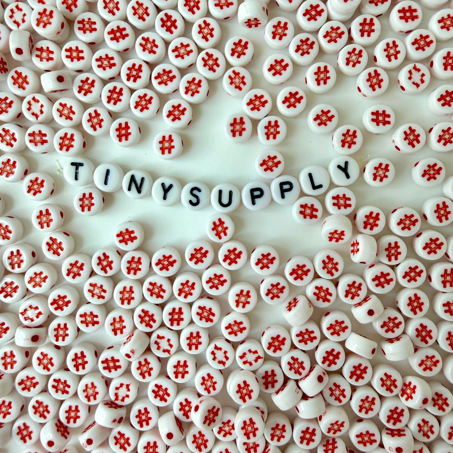 7MM White Flat Round Acrylic with Hashtag, Pound Sign Symbol Beads