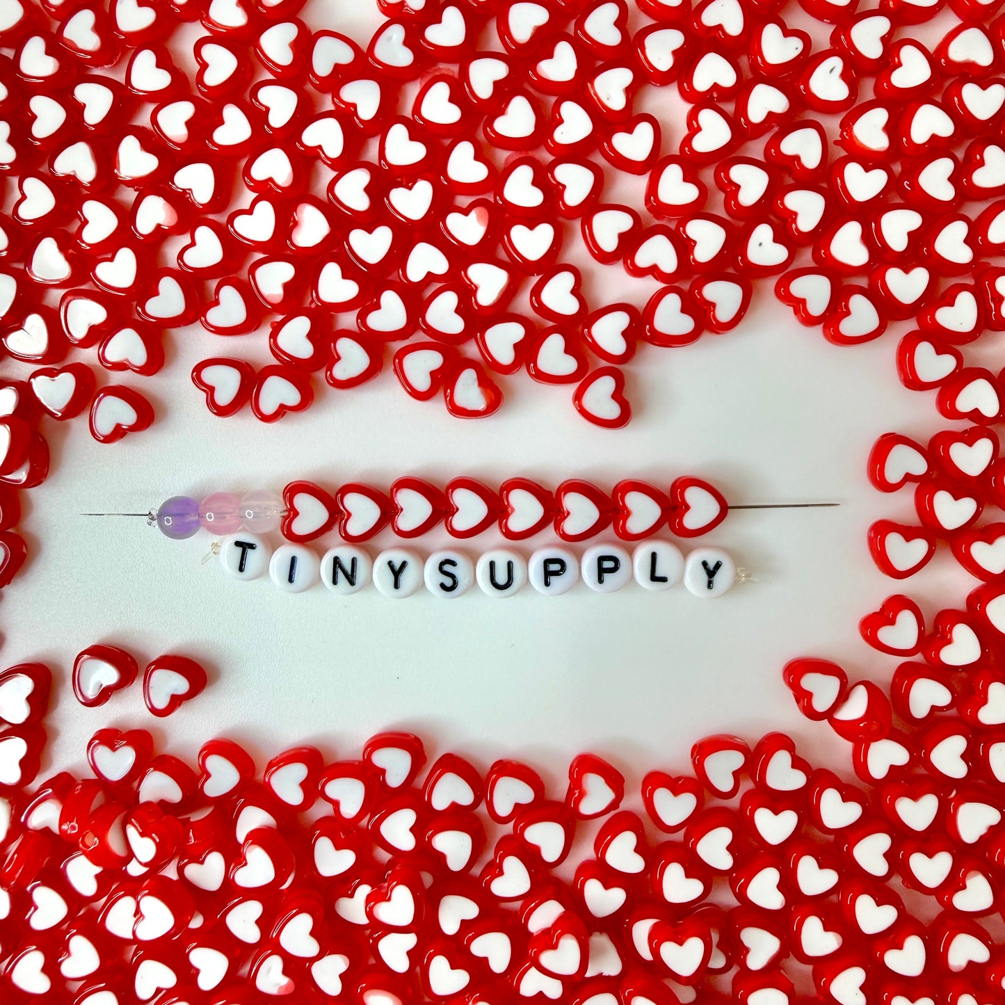 8MM Red Acrylic Heart with White Middle Spacer Beads with Vertical Hole