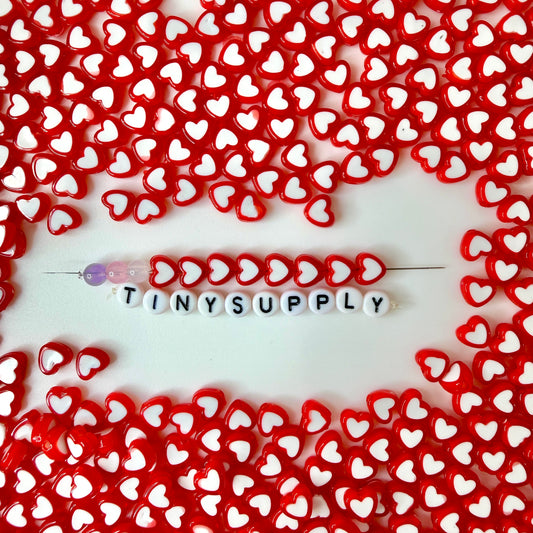 8MM Red Acrylic Heart with White Middle Spacer Beads with Vertical Hole