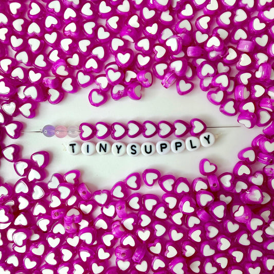 8MM Purple Acrylic Heart w/White Middle Spacer Beads with Vertical Hole