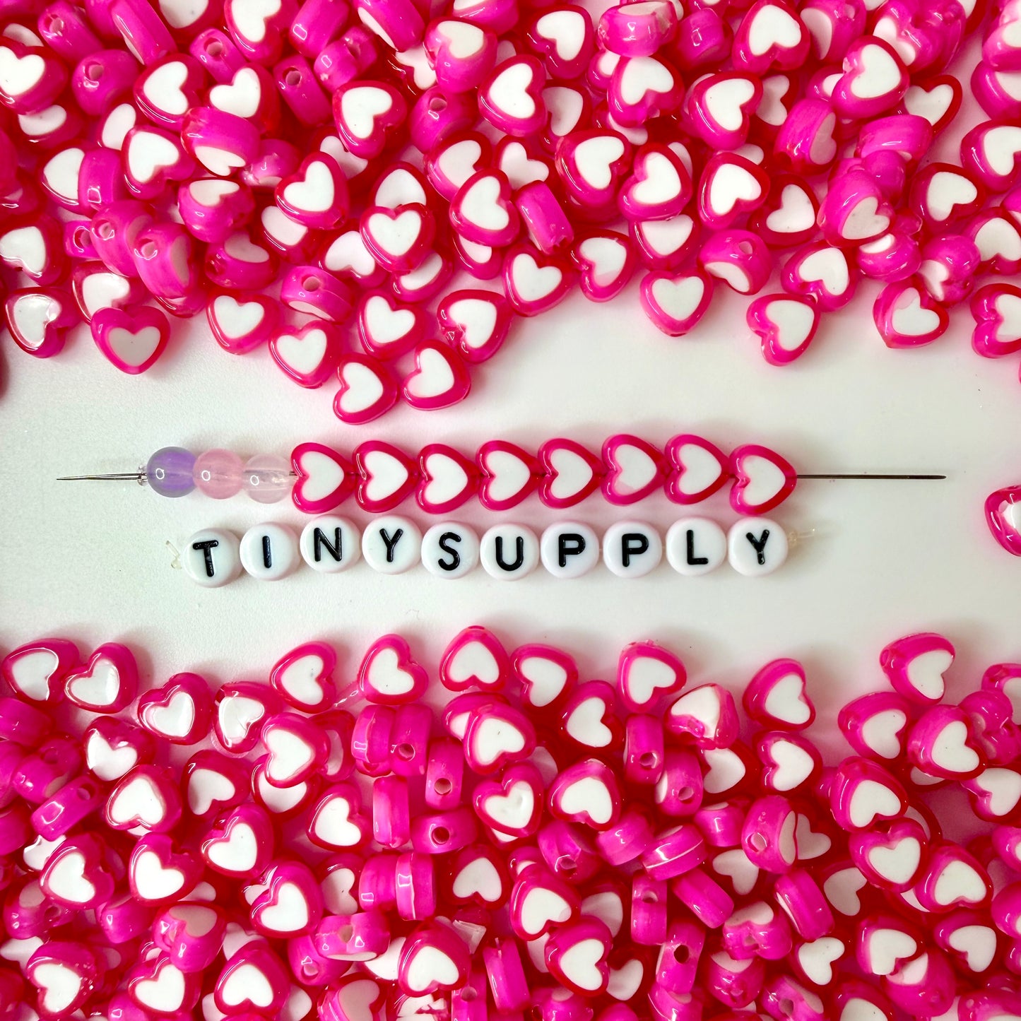 8MM Fuschia Acrylic Heart with White Middle Spacer Beads with Vertical Hole