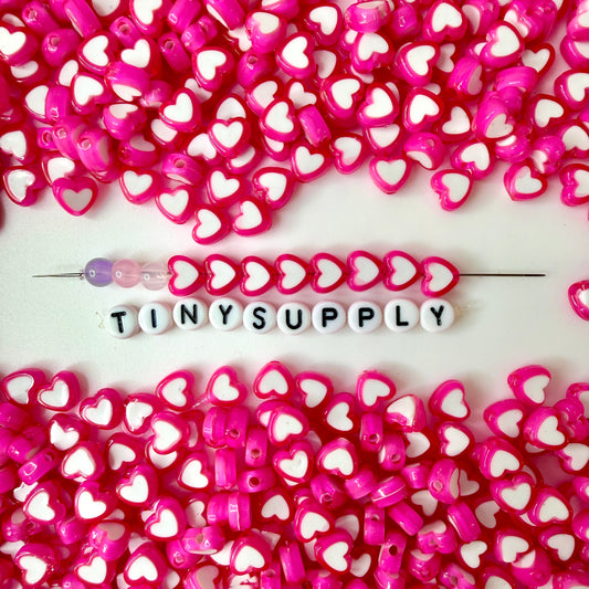 8MM Fuschia Acrylic Heart with White Middle Spacer Beads with Vertical Hole