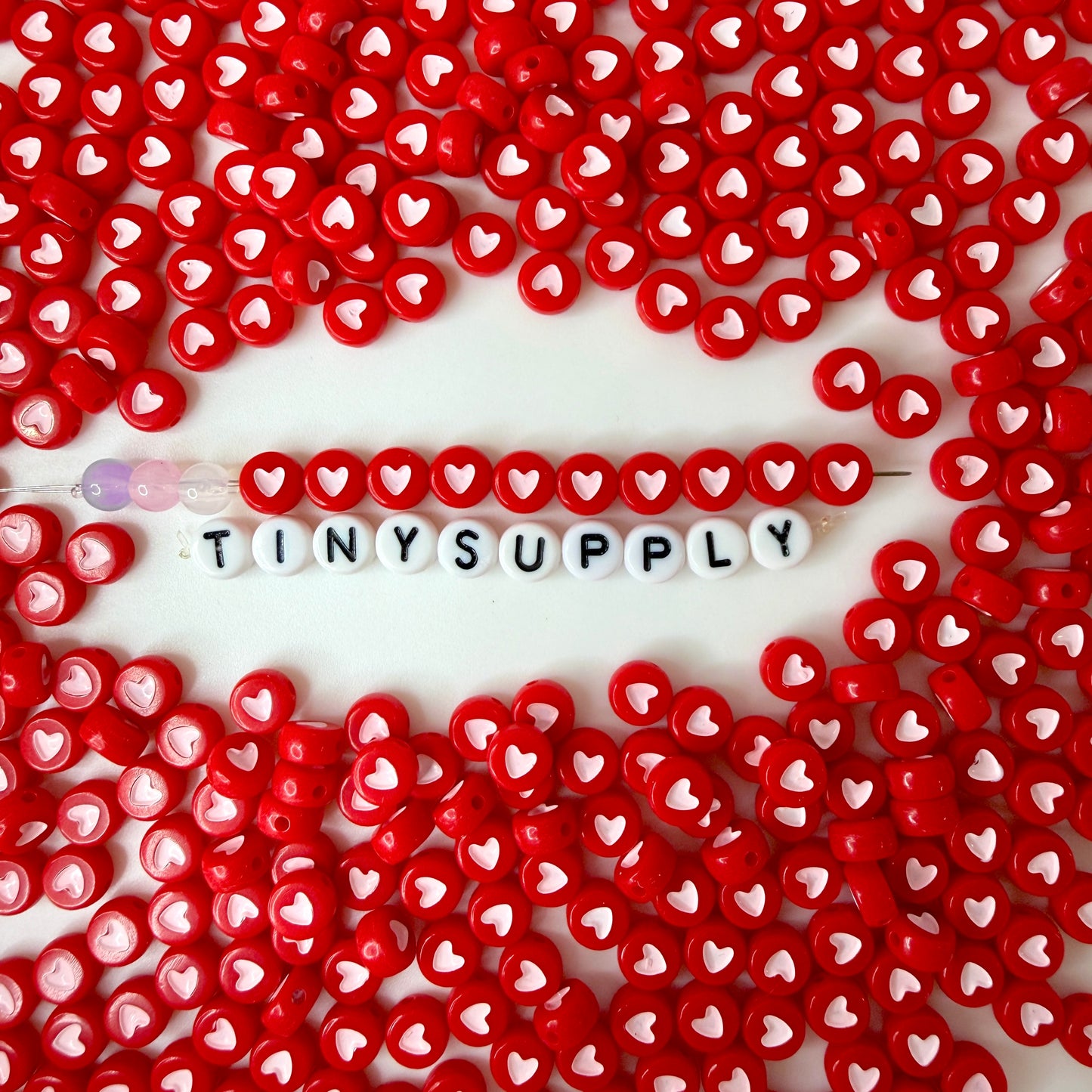 7MM Opaque Bead, White Heart Acrylic Flat Round Beads