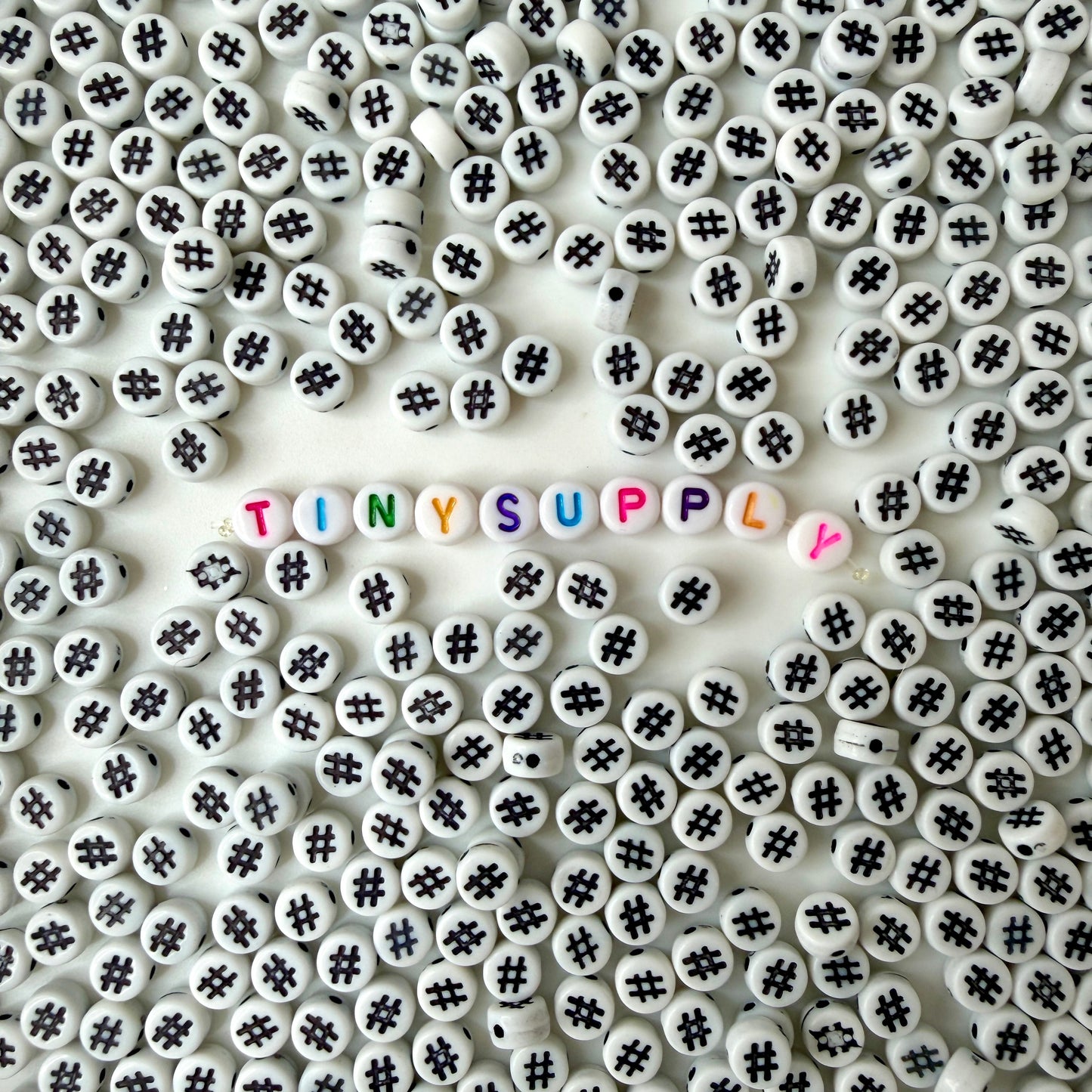 7MM White Flat Round Acrylic with Hashtag, Pound Sign Symbol Beads