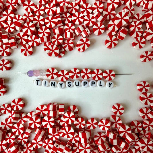 10MM Red and White Peppermint Themed Polymer Clay Beads
