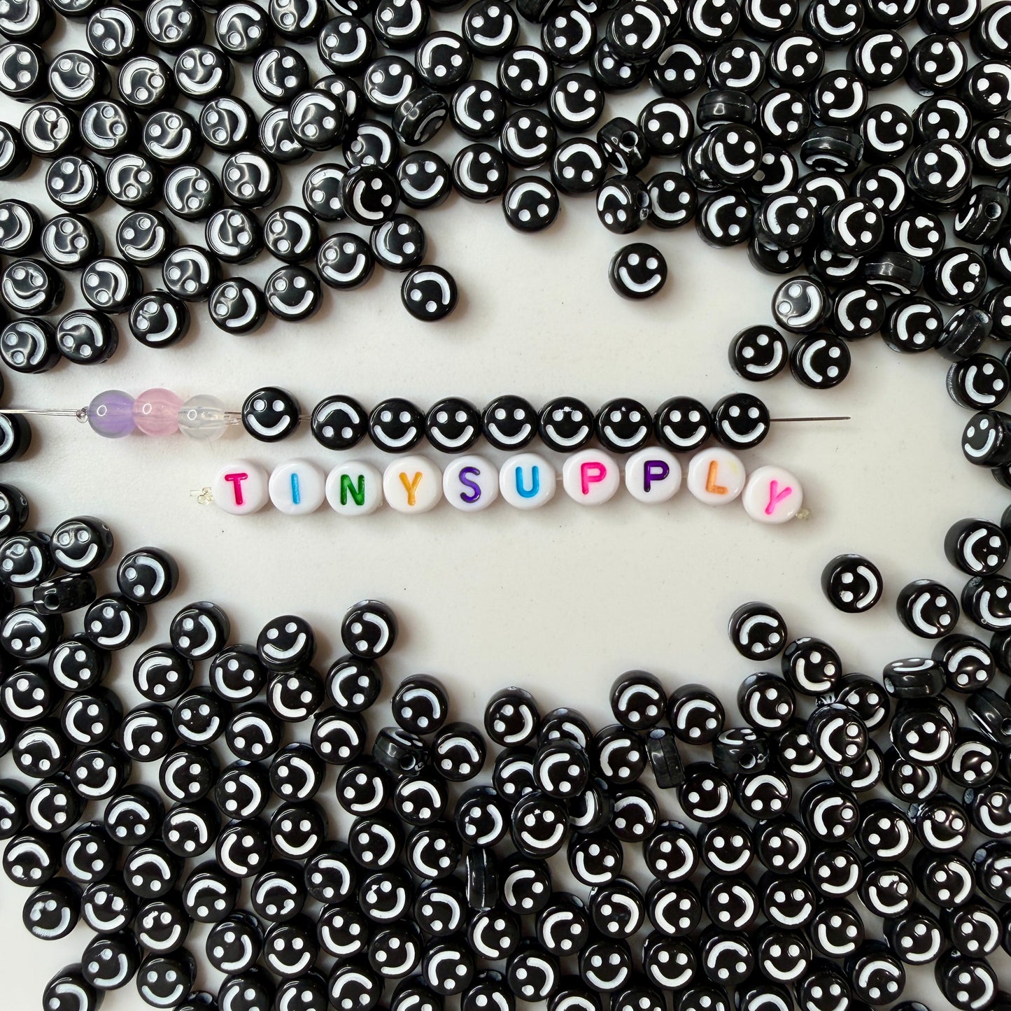 7MM Black Flat Round Acrylic with White Happy Face Beads