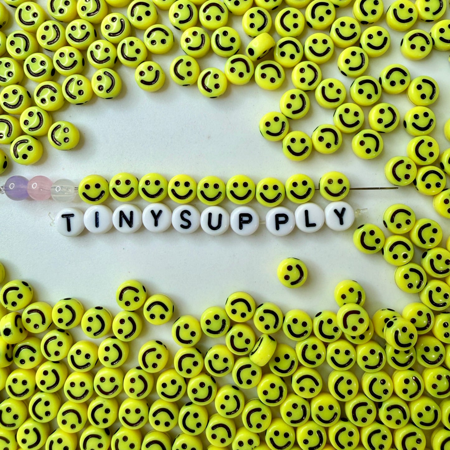 7MM Yellow Flat Round Acrylic with Black Happy Face Beads