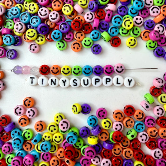 7MM Mixed Color Flat Round Acrylic with Black Happy Face Beads