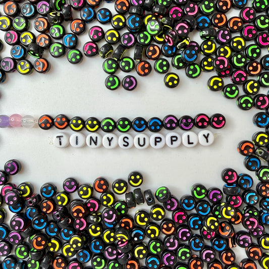 7MM Black Flat Round Acrylic with Colorful Happy Face Beads