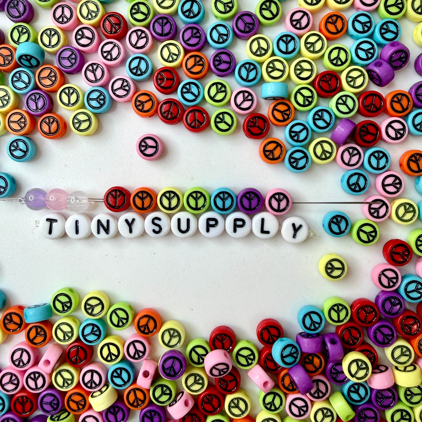 7MM Mixed Color Flat Round Acrylic Black Peace Sign Beads