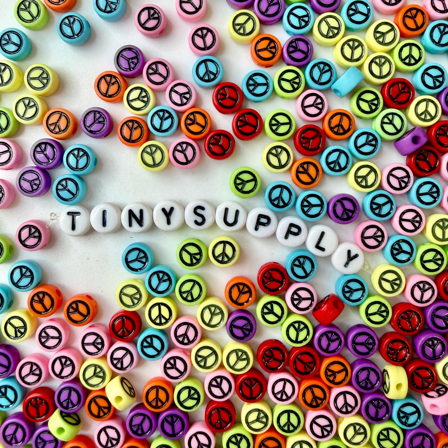 7MM Mixed Color Flat Round Acrylic Black Peace Sign Beads