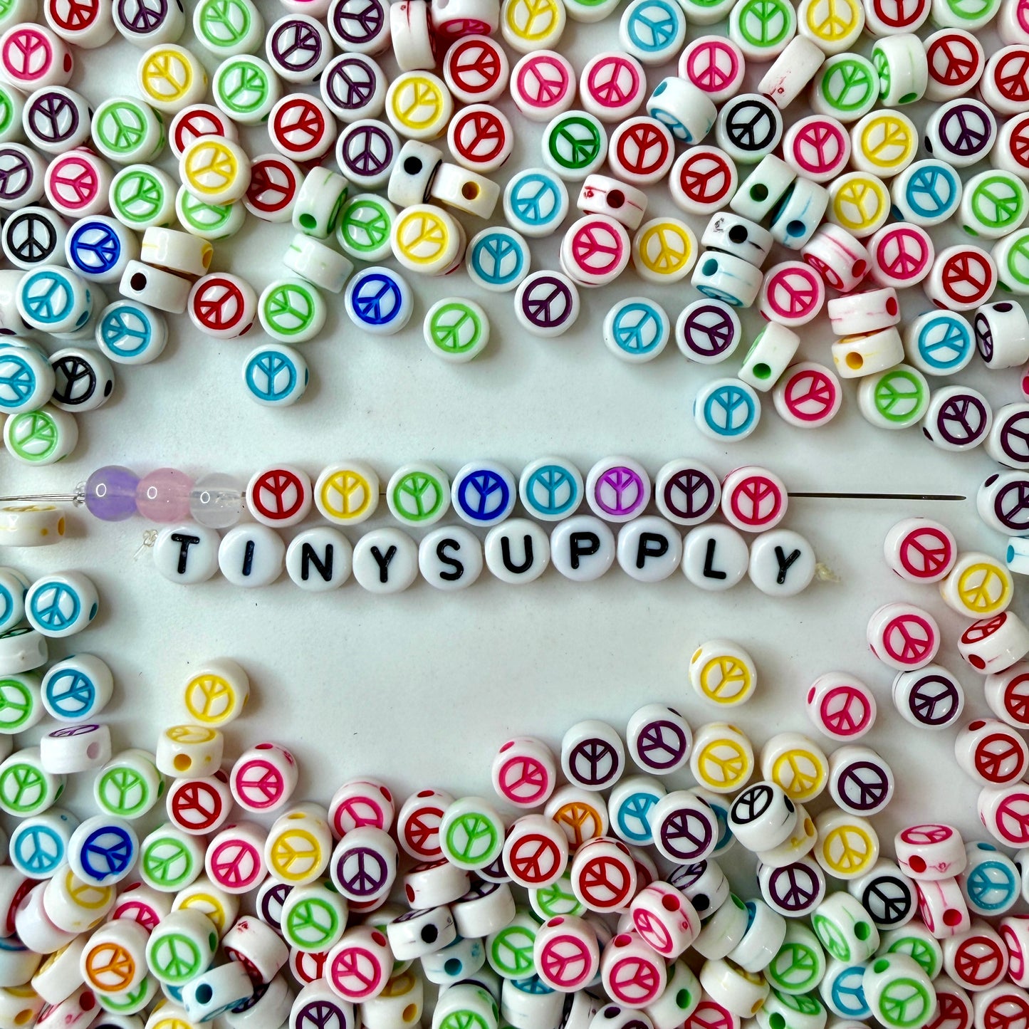 7MM White Flat Round Acrylic Multicolored Peace Sign Beads