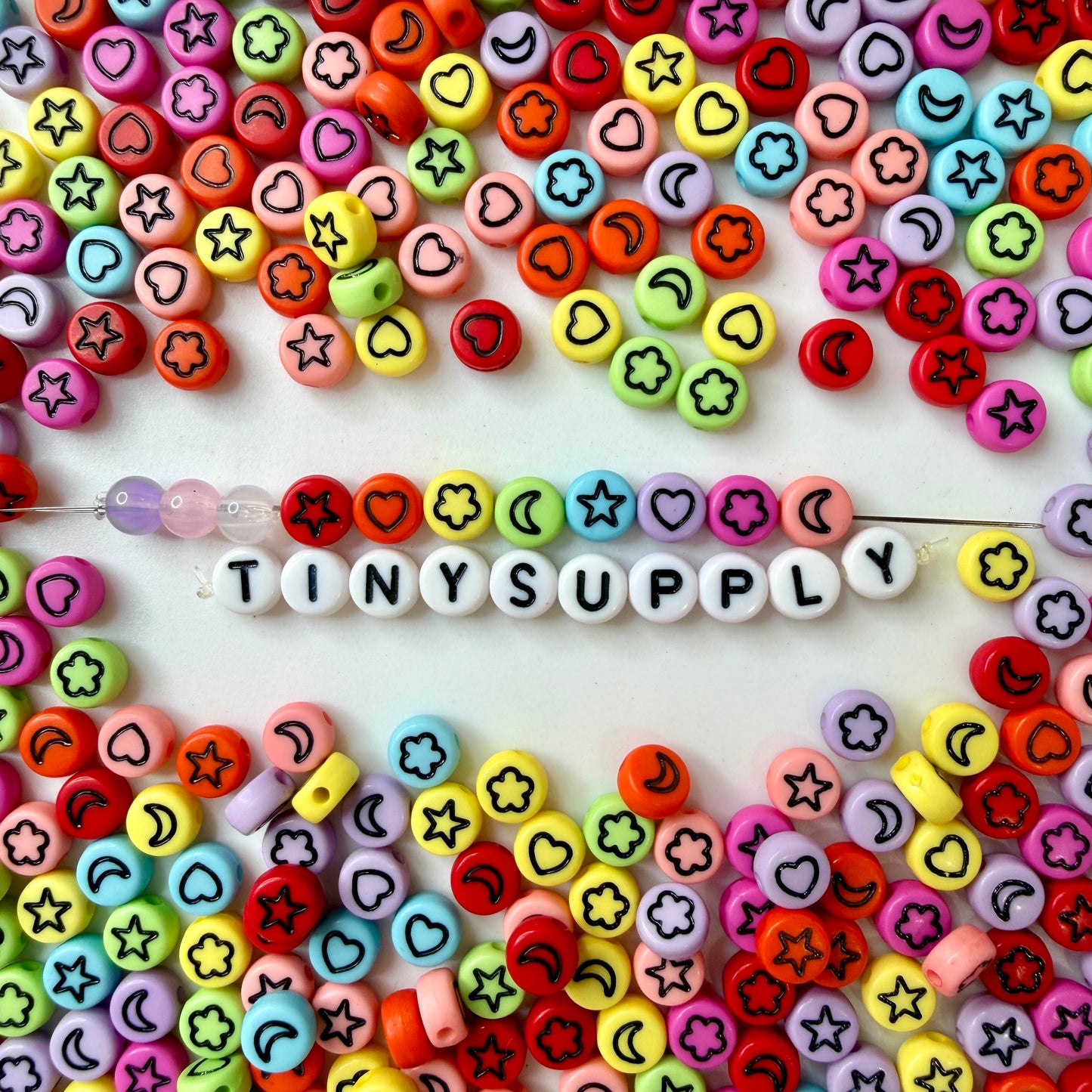 7MM Mixed Color Flat Round Acrylic with Black Flower, Star, Moon, Heart Beads