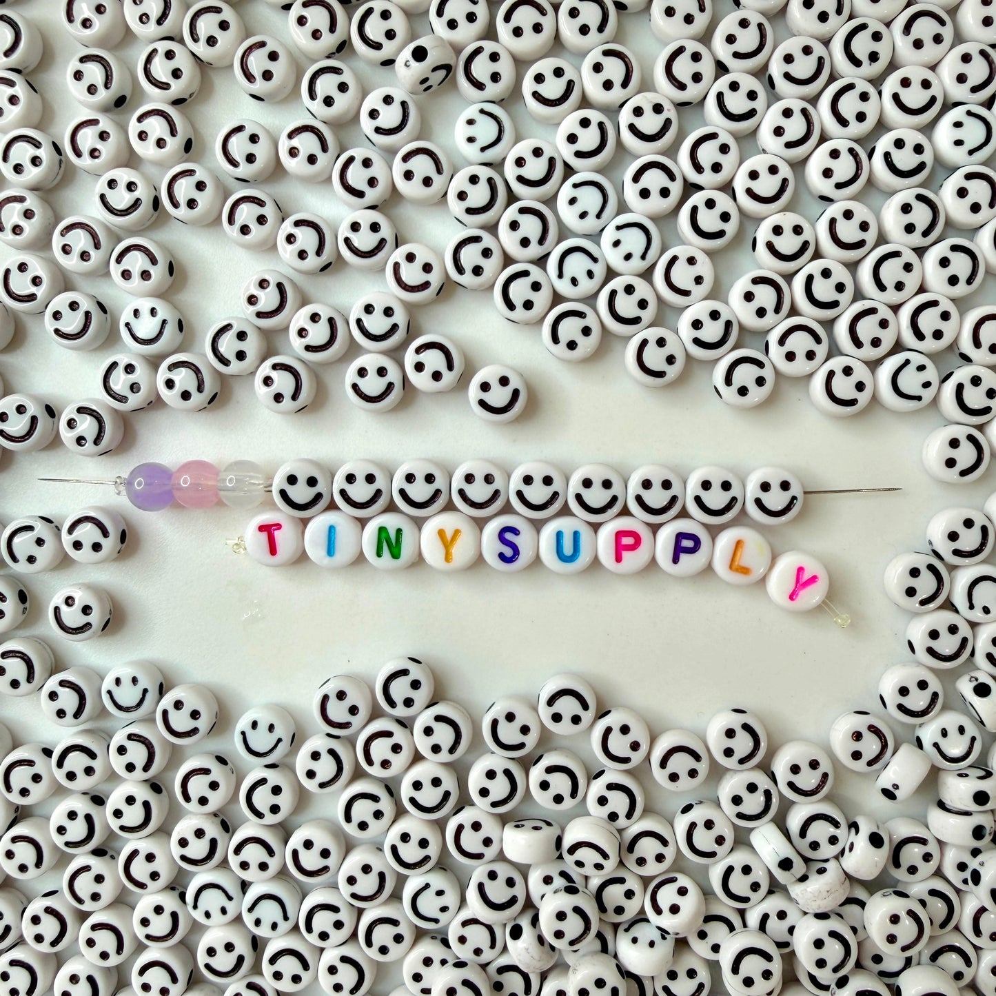 7MM White Flat Round Acrylic with Black Happy Face Beads