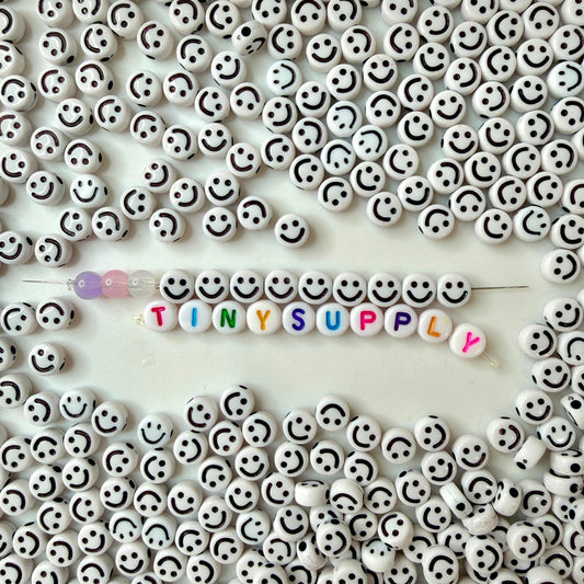 7MM White Flat Round Acrylic with Black Happy Face Beads