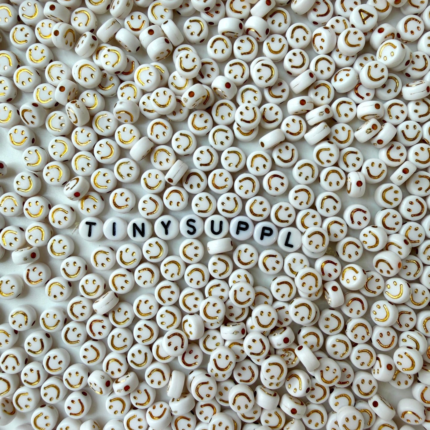 7MM White Flat Round Acrylic with Gold Happy Face Beads