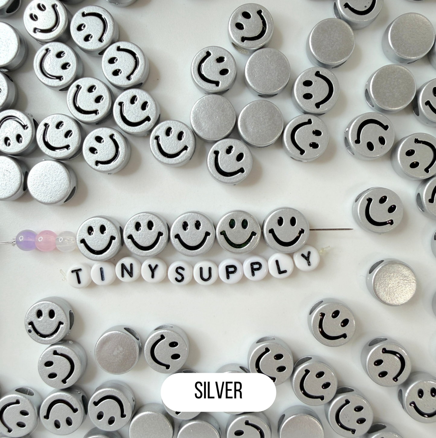 Chunky 12MM Silver, Gold, Yellow Acrylic Round Happy Face Bead (SINGLE SIDED)