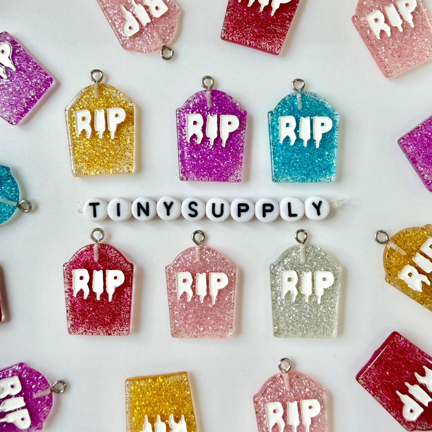 Cute Glitter RIP Tombstone Resin Charm with Eye Pin (25mm x 20mm)