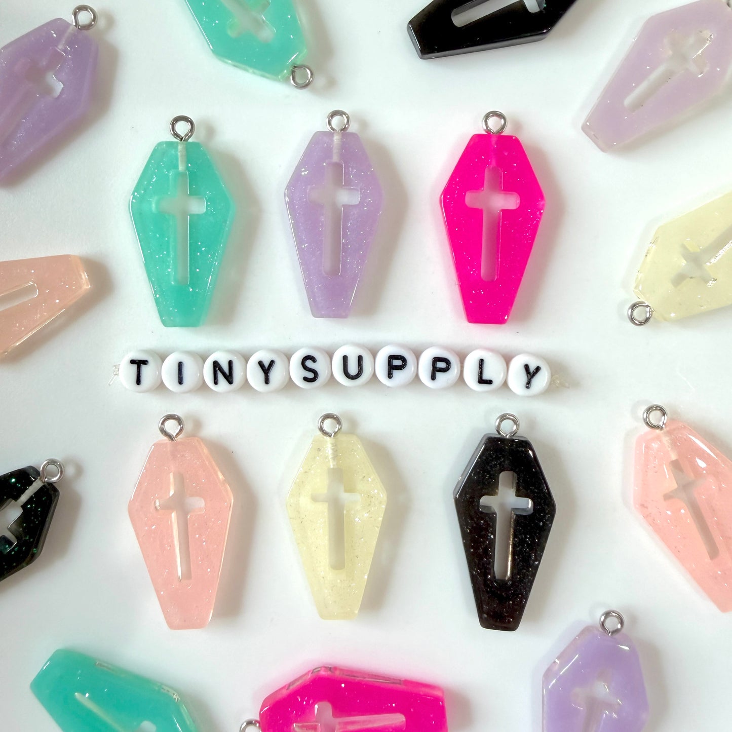 Halloween Colorful Glittery Coffin Cross Resin Charm with Eye Pin (29mm x 16mm)
