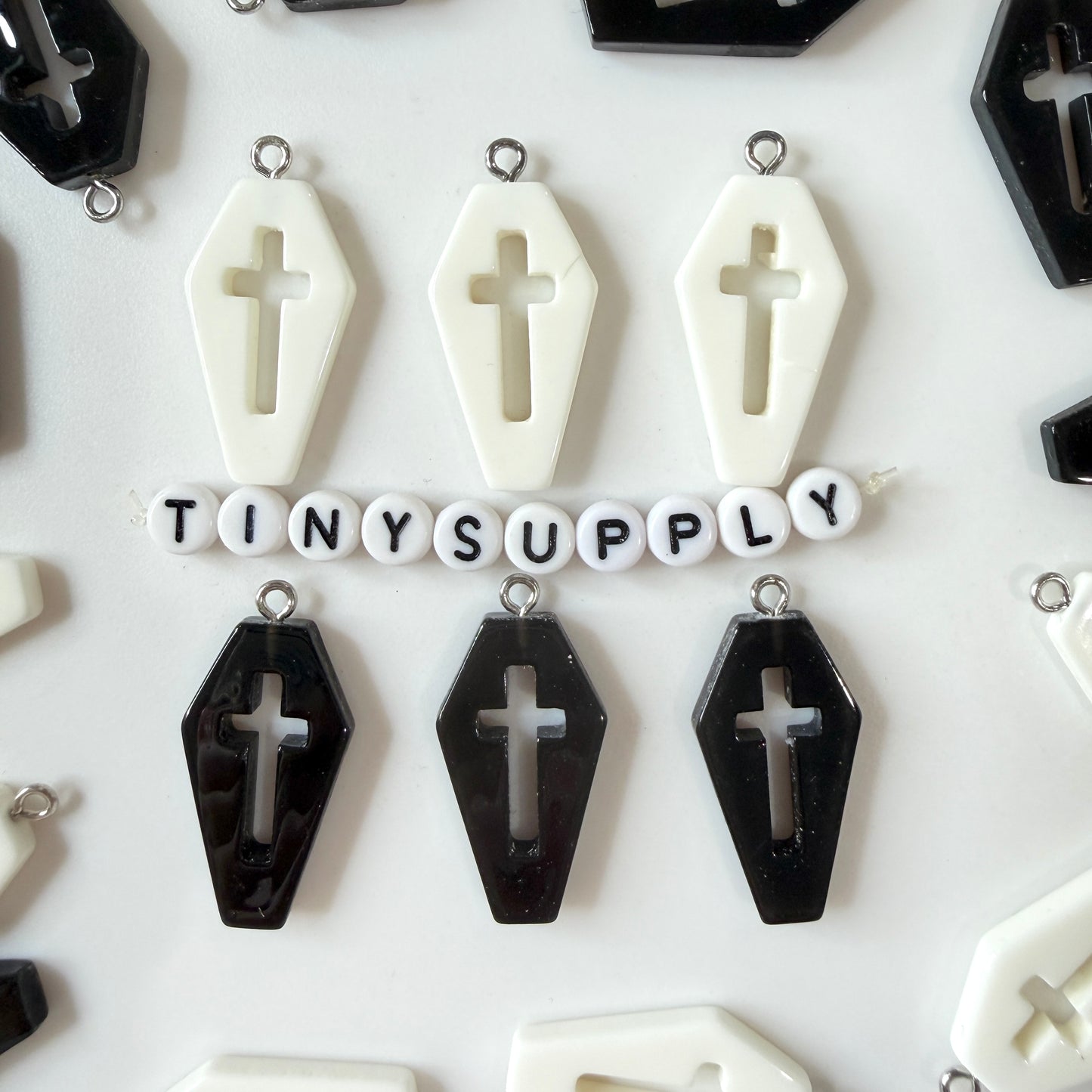 Halloween Black White Coffin Cross Resin Charm with Eye Pin (29mm x 16mm)