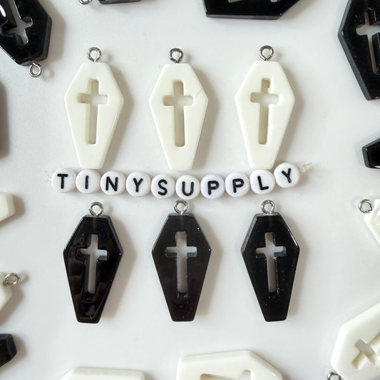 Halloween Black White Coffin Cross Resin Charm with Eye Pin (29mm x 16mm)
